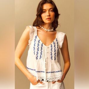 Anthropologie Maeve Flutter-Sleeve Pintuck Top Blue Motif